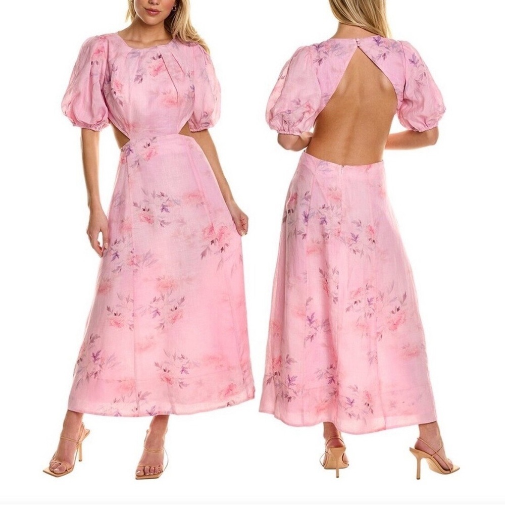 NWT Bardot Malina Floral Midi Dress Pink Flora Cutout Puff Sleeve Size 6